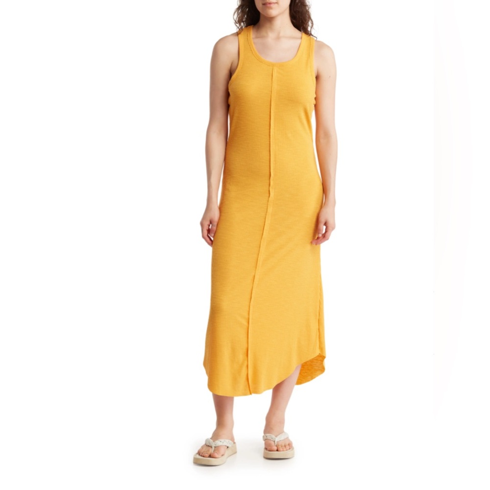 Stitchdrop Sleeveless Frayed Front Ribbed Midi‎ Dress, Color Papaya, Size Large
